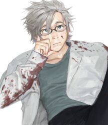 Rule 34 | 1boy, aqua eyes, bara, black-framed eyewear, black pants, blood, blood on clothes, blood stain, bright pupils, closed mouth, collarbone, cowboy shot, expressionless, fen97, fingernails, glasses, green shirt, grey hair, hair between eyes, hand on own cheek, hand on own face, highres, kanou aogu, lab coat, lapels, leg up, light frown, long sleeves, male focus, messy hair, notched lapels, pants, saibou shinkyoku, shirt, short hair, simple background, sleeves past wrists, solo, thick eyebrows, upturned eyes, white background, white pupils