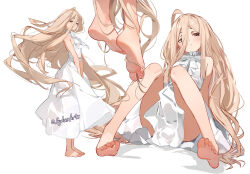1girl absurdly_long_hair artist_name barefoot blush brown_hair center_frills commentary dorsiflexion dress feet foot_focus frills frown full_body hair_between_eyes highres knees_together_feet_apart knees_up legs long_hair looking_at_viewer multiple_views sense_(sousou_no_frieren) simple_background sitting sleeveless sleeveless_dress soles sousou_no_frieren standing sydus tareme thighs toenails toes very_long_hair white_background white_dress