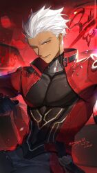 1boy angypuff archer_(fate) archer_(honkai:_star_rail)_(fate) armor artist_name coat crossover dark-skinned_male dark_skin fate/stay_night fate/unlimited_blade_works fate_(series) highres honkai:_star_rail honkai_(series) male_focus red_coat signature solo spiked_hair twitter_username white_hair