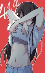 1girl black_eyes black_hair bra breasts clothes_lift commentary covered_mouth cowboy_shot crack_of_light crossed_arms grey_bra groin hands_up highres kagura_hikari koujichu_00 lifting_own_clothes long_hair looking_at_viewer navel number_background one_eye_covered outline red_background shirt shirt_lift short_sleeves shoujo_kageki_revue_starlight small_breasts solo sparkle_hair_ornament underwear undressing white_outline white_shirt