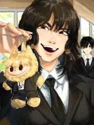 1boy 1girl black_eyes black_hair black_jacket black_necktie black_suit brown_eyes chainsaw_man character_doll collared_shirt denji_(chainsaw_man) doll formal_clothes highres indoors jacket labubu long_hair mifune_fumiko necktie open_mouth shirt short_hair snailmao suit suit_jacket teeth white_shirt window yoshida_hirofumi