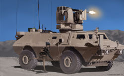 1girl armored_personnel_carrier armored_vehicle artist_name black_hair blue_sky commentary dated dead-robot firing gun holding holding_gun holding_weapon military military_vehicle mixed-language_commentary motor_vehicle original outdoors radio_antenna running scenery shadow short_hair sky solo turret twitter_username vehicle_focus vehicle_request watermark weapon