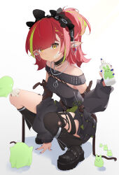 1girl absurdres arknights bandage_on_knee bandaid bandaid_on_cheek bandaid_on_face bare_shoulders black_bonnet black_boots black_choker black_dress blue_nails bonnet boots braid breasts brown_eyes choker commentary_request detached_sleeves dress earrings eyes_visible_through_hair gauze_on_knee green_hair hair_over_one_eye highres holding holding_spray_can jewelry long_hair looking_at_viewer material_growth multicolored_hair oripathy_lesion_(arknights) pointy_ears puppet_dancer_(arknights) red_hair simple_background small_breasts solo squatting stray_friday streaked_hair tecno_(arknights)