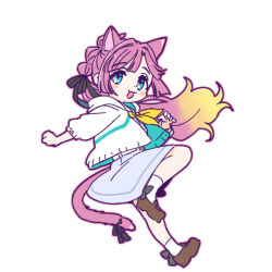 Rule 34 | 1girl, :3, :d, animal ears, anyoji hime, black bow, black ribbon, blonde hair, blue dress, blue eyes, blunt sidelocks, blush stickers, bow, bow legwear, brown shoes, cat ears, cat girl, cat tail, commentary, deformed, dress, english commentary, gradient hair, hair intakes, hair ribbon, hasu no sora school uniform, hood, hooded jacket, jacket, kemonomimi mode, leg up, link! like! love live!, loafers, long hair, looking at viewer, love live!, multi-tied hair, multicolored hair, neckerchief, open clothes, open jacket, open mouth, pink hair, ponytail, ribbon, sailor dress, school uniform, shinanoya (satanicad), shoes, sidelocks, simple background, smile, solo, tail, three-quarter sleeves, very long hair, virtual youtuber, white background, white jacket, yellow neckerchief