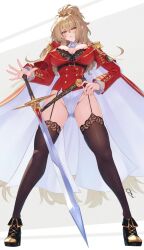 &gt;:( 1girl ascot azur_lane black_bra black_garter_straps black_shoes black_thighhighs blush bra breasts brown_hair cape cleavage epaulettes full_body garter_straps gluteal_fold hair_between_eyes hair_ornament hand_on_hilt hand_on_own_hip highleg highres jacket large_breasts lion_(azur_lane) long_hair looking_at_viewer nail_polish orange_eyes orange_nails planted planted_sword planted_weapon red_jacket ropi_(yyuichi29) shoes signature single_epaulette solo standing sword thighhighs thighs underwear v-shaped_eyebrows very_long_hair weapon white_ascot