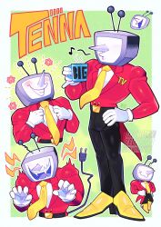 1boy adjusting_clothes ant_tenna black_pants border character_name claw_pose commentary crt cup deltarune english_commentary fangs gloves highres holding holding_cup m516 male_focus multiple_views necktie object_head outline outside_border pants pointy_nose shoes tailcoat white_border white_gloves white_outline yellow_necktie yellow_shoes
