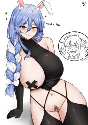 2girls absurdres animal_ear_fluff animal_ears azur_lane black_pasties blue_hair braid breasts chen_hai_(azur_lane) chen_hai_(azur_lane)_(cosplay) chen_hai_(retrofit)_(azur_lane) cosplay covered_erect_nipples cross cross_pasties flashing food-themed_hair_ornament hair_ornament highres hololive large_breasts long_hair looking_at_viewer maebari mature_female multicolored_hair multiple_girls navel one_breast_out pasties pekomama rabbit_ears rabbit_girl red_eyes short_eyebrows smile stomach tape tape_on_nipples thick_eyebrows twin_braids usada_pekora virtual_youtuber white_hair yukaraishin