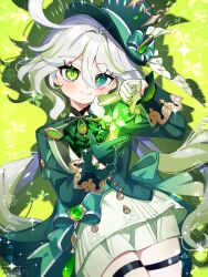 1girl absurdres ahoge alternate_color alternate_eye_color alternate_hair_color ascot asymmetrical_gloves blush bow closed_mouth commentary_request cowboy_shot drop-shaped_pupils finger_frame furina_(genshin_impact) gem genshin_impact gloves green_ascot green_background green_bow green_eyes green_gemstone green_gloves green_hair green_hat green_jacket green_pupils green_ribbon green_theme hair_between_eyes hands_up hat hat_bow hat_ribbon heterochromia highres jacket long_sleeves looking_at_viewer mismatched_gloves multicolored_hair oishii_sasa palette_swap ribbon shorts smile solo streaked_hair symbol-shaped_pupils thigh_strap white_gloves white_hair white_shorts