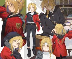 1boy :d absurdres adapted_costume alphonse_elric alternate_hairstyle automail bandaged_head bandages bandaid bandaid_on_cheek bandaid_on_face bare_shoulders belt black_footwear black_pants black_shirt blonde_hair book bookshelf braid braided_ponytail cameo cbow character_doll cross-laced_footwear drawstring edward_elric facing_away folded_ponytail fullmetal_alchemist hair_between_eyes hair_down hair_lift hair_over_shoulder hand_in_pocket hands_up highres holding holding_own_hair hood hood_down hood_up hooded_jacket injury jacket layered_clothes light_brown_hair long_hair long_sleeves looking_at_hand looking_at_viewer looking_away looking_to_the_side male_focus mechanical_arms mechanical_legs multiple_views open_mouth pants parted_bangs ponytail print_jacket red_jacket shirt shoe_soles shoes single_braid single_mechanical_arm single_mechanical_leg sleeveless smile standing turtleneck updo white_shirt wide_sleeves yellow_eyes