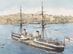 atelier_bono boat cannon flag highres hms_inflexible_(1876) ironclad mast military_vehicle no_humans original painting_(medium) port royal_navy ship ship_turret smokestack traditional_media vehicle_focus warship watercolor_(medium) watercraft