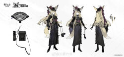 1girl ambience_synesthesia animal_ears arknights artist_name asymmetrical_clothes bag black_boots black_dress black_gloves blonde_hair boots braid braided_sidelock chinese_commentary commentary_request copyright_name dress fox_ears fox_girl fox_tail gloves hand_fan handbag hat high_heel_boots high_heels highres large_ears long_hair looking_at_viewer multiple_views official_art reference_sheet single_wide_sleeve tail vulpisfoglia_(arknights) white_background yyb