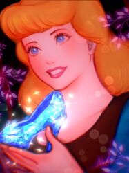 1girl blonde_hair cinderella_(disney_character) cinderella_(disney_movie) dress glass_slipper happy highres long_hair looking_at_viewer nyamunekonabe red_lips smile solo tagme toon_(style) upper_body
