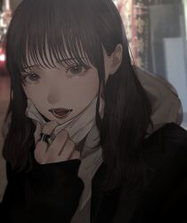 1girl absurdres aegyo_sal black_eyes black_jacket blurry blurry_background brown_hair choppy_bangs commentary_request eyelashes highres hood hood_down hoodie jacket jewelry long_sleeves looking_at_viewer mano_aaa mask mask_pull medium_hair mouth_mask open_mouth original outdoors ring sleeves_past_wrists solo upper_body white_hoodie