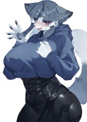 1girl ahoge animal_ears black_bodysuit blue_eyes blue_fur blue_hair blue_sweater blush bodysuit breast_suppress breasts covered_abs cowboy_shot cropped_sweater fox_ears fox_girl fox_tail furry furry_female hand_up heterochromia highres hood hoodie large_breasts miyanokoko muscular muscular_female original red_eyes snout sweater tail thick_thighs thighs tongue tongue_out white_background