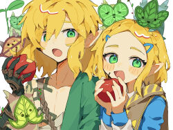 1boy 1girl :d apple arm_tattoo black_gloves blonde_hair blue_shirt blush braid chest_tattoo collarbone commentary_request food fruit gloves green_eyes hair_between_eyes hair_ornament hair_over_one_eye hairclip hand_up hands_up highres holding holding_food holding_fruit hoya_(pixiv_id_101471793) korok leaf link long_sleeves looking_at_viewer medium_hair nintendo open_mouth parted_bangs pointy_ears princess_zelda puffy_long_sleeves puffy_sleeves shirt side-by-side sidelocks simple_background single_bare_shoulder smile tattoo the_legend_of_zelda the_legend_of_zelda:_tears_of_the_kingdom tongue upper_body white_background