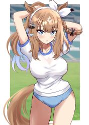 Rule 34 | + +, 1girl, absurdres, almond eye (umamusume), animal ears, beatsheavens0735, blue buruma, blue eyes, blush, braided sidelocks, breasts, brown hair, buruma, colored inner hair, curvy, gym shirt, gym uniform, hair between eyes, hair ornament, hairband, hairclip, highres, horse ears, horse girl, horse tail, large breasts, long hair, looking at viewer, medium breasts, multicolored hair, outdoors, shirt, short sleeves, smile, solo, stadium, tail, thick thighs, thighs, too many hair ornaments, training, umamusume, white shirt