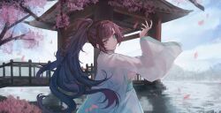 1girl alternate_hairstyle aqua_eyes architecture arm_up blue_sky breasts bridge cherry_blossoms closed_mouth commentary commission cosplay day east_asian_architecture english_commentary falling_leaves from_side grey_eyes haori heterochromia highres himemiya_rie hong_lu_(project_moon) hong_lu_(project_moon)_(cosplay) japanese_clothes kimono lake leaf limbus_company long_hair long_sleeves medium_breasts mole mole_under_eye multicolored_hair naokomama outdoors phase_connect pink_hair ponytail project_moon purple_hair see-through_clothes sky solo streaked_hair tree upper_body virtual_youtuber white_haori white_kimono wide_sleeves