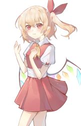 1girl ascot belt blonde_hair blush bow buttons collared_shirt commentary_request cowboy_shot crystal_wings dress flandre_scarlet hair_between_eyes hair_ribbon hands_up highres looking_at_viewer mao_bing_ge multicolored_wings no_headwear one_side_up pinafore_dress pointy_ears puffy_short_sleeves puffy_sleeves red_bow red_dress red_ribbon ribbon shirt short_hair short_sleeves simple_background sleeveless sleeveless_dress smile solo standing teeth touhou white_background white_belt white_shirt wings yellow_ascot