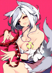 1girl absurdres animal_ears bear_trap blush breasts cleavage collarbone dog_ears dog_tail fang fingernails frilled_skirt frills grey_hair highres large_breasts mitsugashira_enoko multiple_tails nail_polish open_mouth pink_skirt polka_dot polka_dot_background purple_shirt red_background red_eyes red_nails sakurame shirt short_hair skirt smile solo tail touhou