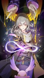 2girls absurdres black_coat black_gloves black_skirt coat commentary_request cyrene_(honkai:_star_rail) gloves grey_hair half-closed_eyes highres holding holding_quill honkai:_star_rail honkai_(series) infinity_symbol jelmul korean_commentary liquid_gold medium_hair mem_(honkai:_star_rail) multiple_girls parted_lips pink_fur purple_coat quill shirt skirt stelle_(honkai:_star_rail) trailblazer_(honkai:_star_rail) white_shirt yellow_eyes