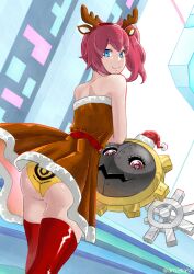 1girl aiba_ami animal_costume antlers artcetona ass back-print_panties bare_shoulders blue_eyes boots brown_dress cowboy_shot digimon digimon_story:_cyber_sleuth dress from_behind hagurumon highres horns long_hair looking_at_viewer looking_back panties print_panties red_footwear red_hair reindeer_antlers reindeer_costume side_ponytail strapless strapless_dress themed_clothing themed_panties themed_underwear thigh_boots twitter_username underwear wedgie yellow_panties