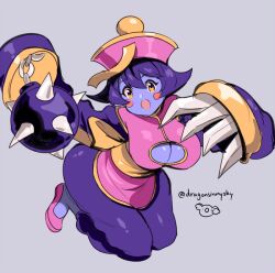 Rule 34 | 1girl, blue skin, breasts, chinese clothes, claw (weapon), claws, cleavage, cleavage cutout, clothing cutout, colored skin, d-ryuu, darkstalkers, flats, flipped hair, hat, hsien-ko, jiangshi, large breasts, ofuda, purple hair, sash, short hair, sketch, solo, spike ball, weapon, yellow sash