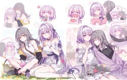 2girls ? absurdres alternate_costume bare_shoulders biting biting_ear black_boots boots bright_pupils castorice_(honkai:_star_rail) chibi dress flying_sweatdrops full_body gloves grey_hair hairband half_gloves high_heels highres honkai:_star_rail honkai_(series) jacket long_hair looking_at_another multiple_girls multiple_views off_shoulder official_alternate_costume one_eye_closed open_clothes open_jacket purple_eyes purple_hair shoes short_sleeves simple_background sitting smile spoken_blush spoken_question_mark stelle_(honkai:_star_rail) stelle_(world_tour_2023)_(honkai:_star_rail) thighhighs trailblazer_(honkai:_star_rail) wariza white_dress white_gloves white_hairband white_pupils white_thighhighs yajuu zettai_ryouiki