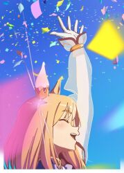 1girl ^_^ animal_ears arm_up blonde_hair blue_sky blurry blurry_foreground blush bow bowtie closed_eyes commentary_request confetti day ear_covers ear_ornament from_side gloves highres kamotsu narita_top_road_(umamusume) open_mouth outdoors profile purple_bow purple_bowtie see-through_clothes see-through_sleeves single_ear_cover sky solo umamusume white_gloves