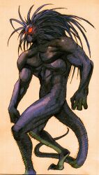 1boy absurdres bengus blackheart_(marvel) capcom colored_skin game_cg glowing glowing_eyes highres long_hair long_tail male_focus marvel marvel_vs._capcom marvel_vs._capcom_2 muscular non-web_source pectorals red_eyes scan solo tail