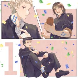 Rule 34 | 3boys, absurdres, black footwear, black hair, black jacket, black pants, brown hair, delinquent, eating, food, gakuran, highres, hijiyama takatoshi, holding, holding food, jacket, juusan kihei bouei ken, kuro n314, loafers, male focus, multiple boys, ogata nenji, pants, pompadour, school uniform, sekigahara ei, shoes, simple background, sitting, sleeves rolled up, white hair, yakisobapan