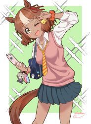 Rule 34 | 1girl, animal ears, bag, belno light (umamusume), brown hair, charm (object), chiikawa, chiikawa (character), gyaru, holding, horse ears, horse girl, horse tail, necktie, oguri cap (umamusume), one eye closed, phone, school uniform, scrunchie, shirt, skirt, solo, tail, umamusume, umamusume: cinderella gray, white shirt, wrist scrunchie, yokoshima (euphoria)