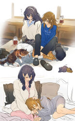 2girls 404no2929 animal animal_on_lap black_cat black_hair black_pants black_slippers blue_shirt blush breasts brown_cat brown_hair cat cat_cafe cat_on_lap closed_eyes closed_mouth commentary_request grey_shirt hairband hand_on_another&#039;s_head highres indoors jar lap_pillow large_breasts long_hair long_sleeves looking_at_another miya_(404no2929) multiple_girls on_bed on_lap original pants pillow pink_pants shion_(404no2929) shirt slippers socks sweater translated unworn_slippers white_cat white_hairband white_socks white_sweater yuri