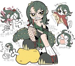 1girl arrow_(symbol) asymmetrical_legwear biting black_shoes black_shorts boned_meat breasts breath cleavage clenched_teeth cropped_shirt detached_sleeves deviljho diamond_earrings dragon_girl dragon_tail drooling earrings facial_scar fingernails fishnet_pantyhose fishnets food green_hair green_shirt green_sleeves green_tail highres jewelry long_hair meat medium_breasts mismatched_legwear monster_hunter_(series) mouth_drool multicolored_hair nail_polish navel o_o pantyhose personification rathalos red_hair rumford scales scar scar_on_cheek scar_on_chest scar_on_face scar_on_forehead scar_on_leg scar_on_neck scars_all_over sharp_teeth shirt shoes short_shorts shorts simple_background single_detached_sleeve single_leg_pantyhose single_sock single_tear sleeves_past_wrists socks speech_bubble spiked_tail strapless strapless_shirt sweat tail teeth thought_bubble too_many translation_request two-tone_hair v-shaped_eyebrows white_background white_socks yellow_eyes yellow_nails