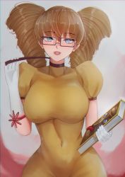 1girl absurdres adventurequest_worlds armband artix_entertainment blue_eyes blue_pupils book breasts brown_hair glasses highres holding holding_book large_breasts librarian looking_at_viewer lovertee maya_(adventurequestworlds) red_armband smile solo stick twintails up_sleeve