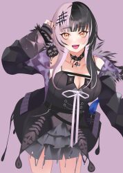 1girl alwayshome black_arm_warmers black_choker black_coat black_dress black_hair black_nails breasts choker cleavage coat dress fur-trimmed_coat fur_trim grey_hair highres hololive hololive_english large_breasts long_hair looking_at_viewer multicolored_hair open_mouth purple_background purple_coat ribbon shiori_novella shiori_novella_(1st_costume) simple_background solo split-color_hair striped_arm_warmers teeth two-sided_coat two-sided_fabric two-tone_hair upper_teeth_only virtual_youtuber white_ribbon yellow_eyes yorick_(shiori_novella)
