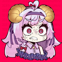1girl ahoge anger_vein angry bare_shoulders bow braid brown_horns chibi clenched_teeth collared_shirt cornet_(vrchat) cropped_torso cross-shaped_pupils curled_horns frilled_shirt frills furrowed_brow grimace hair_bow hair_intakes hair_ribbon hairband heart heart_ahoge horns long_hair okuva pink_hair portrait purple_bow purple_hair purple_hairband purple_ribbon red_background red_bow red_eyes ribbon ribbon_trim sheep_horns shirt side_braid simple_background single_braid sleeveless sleeveless_shirt solo symbol-shaped_pupils symbol_in_eye teeth thick_eyebrows upper_body v-shaped_eyebrows veins vrchat wavy_eyes wide-eyed