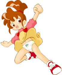 1girl animal_print blush brown_eyes brown_hair crotch_seam dress fish_print flat_chest haruno_kasumi heart jumping kasumin loli long_hair looking_at_viewer navel open_mouth panties pink_shirt ponytail print_panties red_shoes shirt shoes short_sleeves sleeveless sleeveless_dress smile sneakers socks sukima_man underwear white_background white_panties white_socks wind wind_lift yellow_dress