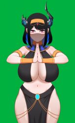 1girl alternate_breast_size alternate_costume alternate_hairstyle ancient_egyptian ancient_egyptian_clothes animated animated_gif animation_meme armlet ass_shake asymmetrical_horns bare_shoulders black_hair blue_hair breasts center_opening cipher4109 cleavage closed_mouth colored_inner_hair commentary cowboy_shot curvy dancing demon_horns egyptian_trend_(meme) english_commentary gauntlets gem gold_armlet gold_choker gold_trim gold_vambraces hololive hololive_english horns huge_breasts jewelry light_frown looking_at_viewer meme minna_no_rhythm_tengoku mole mole_under_eye mouth_veil multicolored_hair navel nerissa_ravencroft own_hands_together palms_together pelvic_curtain red_eyes red_gemstone rhythm_tengoku see-through_clothes see-through_veil short_hair sling_bikini_top solo standing stomach swaying_hip two-tone_hair usekh_collar veil virtual_youtuber wide_hips