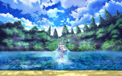 1girl angel_wings artist_name barefoot blue_sky chinese_commentary cloud cloudy_sky commentary_request day dress fantasy fog forest fountain from_behind highres hkcutie lake long_hair nature original outdoors pink_hair reflection reflective_water ripples sand scenery short_dress signature sky solo straight_hair tree wading walking white_dress white_wings wide_shot wings