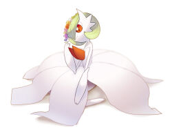 bad_id bad_pixiv_id bob_cut dress elbow_gloves flower flower_wreath gardevoir gen_3_pokemon gloves green_hair mega_gardevoir mega_pokemon nintendo pink_eyes pokemon pokemon_(creature) sitting smile ushiomi white_dress white_gloves