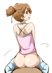 1boy 1girl ass blush brown_hair cowgirl_position fresh_precure! implied_sex looking_at_viewer looking_back momozono_love pink_eyes precure reverse_cowgirl_position sex short_twintails straddling tank_top thighhighs twintails yonekura_hisaki