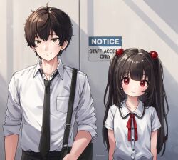 Rule 34 | 1boy, 1girl, bag, black hair, black necktie, breasts, brown eyes, closed mouth, collared shirt, commentary, comodox, dress shirt, earrings, english commentary, hair bobbles, hair ornament, highres, jewelry, long hair, long sleeves, lulla (comodox), neck ribbon, necktie, original, red eyes, red ribbon, ribbon, shirt, short hair, short sleeves, shoulder bag, sleeves rolled up, small breasts, two side up, upper body, white shirt