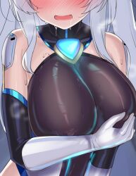 1girl amahara_kuon bare_shoulders blush breast_focus breasts celestia_quartz close-up covered_erect_nipples elbow_gloves gloves grabbing_own_breast grey_hair head_out_of_frame kutan large_breasts leotard long_hair nipple_stimulation nipple_tweak open_mouth original saliva shiny_clothes skin_tight smile solo sweat upper_body white_gloves white_hair