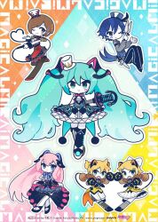 2boys 4girls ;) animal_ears aqua_eyes aqua_hair asymmetrical_legwear black_pants black_shoes black_thighhighs blonde_hair blue_eyes blue_hair blue_hat bow brown_eyes brown_hair chisuke closed_mouth coattails colored_skin commentary_request copyright_name copyright_notice deformed diamond_facial_mark dress facial_mark fake_animal_ears full_body gradient_hair grey_shirt grey_socks hair_between_eyes hair_bow hat hatsune_miku heart holding holding_weapon kagamine_len kagamine_rin kaito_(vocaloid) logo long_hair magical_mirai_(vocaloid) magical_mirai_kaito magical_mirai_kaito_(2019) magical_mirai_len magical_mirai_len_(2019) magical_mirai_luka magical_mirai_luka_(2019) magical_mirai_meiko magical_mirai_meiko_(2019) magical_mirai_miku magical_mirai_miku_(2019) magical_mirai_rin magical_mirai_rin_(2019) medium_hair megurine_luka meiko_(vocaloid) microphone_wand mini_hat mini_top_hat mismatched_legwear multicolored_hair multiple_boys multiple_girls official_art one_eye_closed outline pants pink_hair red_hat red_shoes second-party_source shirt shoes short_hair shorts skirt smile socks striped_clothes striped_thighhighs thighhighs top_hat twintails very_long_hair vocaloid weapon white_bow white_hat white_outline white_shoes white_shorts white_skin white_skirt white_thighhighs