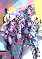 2girls art_brush asakura_karen_(heaven_burns_red) black_hair eyewear_on_head heaven_burns_red highres hood hood_up ishii_iroha jacket kamikazegarden long_hair multicolored_hair multiple_girls paint paint_can paint_on_clothes paintbrush pants purple_eyes purple_hair red_eyes shirt streaked_hair tail white_shirt