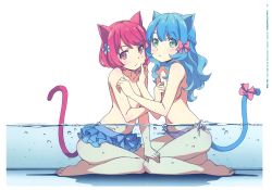 Rule 34 | 2girls, animal ears, aqua eyes, blue hair, bow, breasts, cat ears, cat tail, collarbone, hair bow, hair ornament, hair ribbon, highres, in water, kanzaki hiro, long hair, looking at viewer, miniskirt, multiple girls, original, panties, partially submerged, red eyes, ribbon, short hair, simple background, sitting, skirt, small breasts, striped clothes, striped panties, swimsuit, tail, tail bow, tail ornament, tail ribbon, topless female, underwear