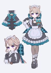 1girl alternate_costume animal_ears apron arm_behind_back black_dress black_gloves black_shoes blue_bow blush bow cat_ears commentary_request dress enmaided facial_mark fork frilled_apron frilled_hairband frills full_body genshin_impact gloves grey_hair hair_bow hairband hand_up highres holding holding_fork huge_bow long_hair long_sleeves looking_at_viewer lynette_(genshin_impact) maid maid_headdress multiple_views parted_lips purple_eyes shoes sikaku simple_background standing star_(symbol) star_facial_mark twitter_username utensil_in_mouth very_long_hair white_apron white_background white_hairband