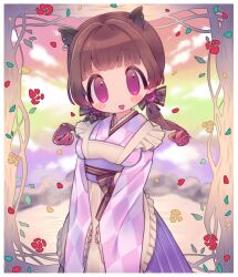 Rule 34 | 1girl, animal ears, animare, blush stickers, border, brown hair, capybara ears, capybara girl, hair ribbon, highres, long sleeves, low twintails, maid, nanashi inc., no nose, open mouth, petals, pink eyes, ribbon, sleeves past wrists, twintails, upper body, virtual youtuber, wa maid, white border, wide sleeves, yunohara izumi, zudzuki