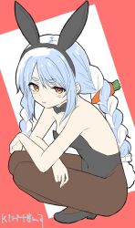 1girl animal_ears bare_arms bare_shoulders black_hairband black_leotard black_shoes blue_hair bow braid breasts brown_pantyhose bunny_day carrot_hair_ornament commentary_request covered_navel crossed_arms fake_animal_ears food-themed_hair_ornament hair_bow hair_ornament hairband high_heels highres hololive kiritoma leotard multicolored_hair pantyhose rabbit-shaped_pupils rabbit_ears rabbit_tail red_background red_eyes shoes short_eyebrows signature small_breasts solo squatting strapless strapless_leotard symbol-shaped_pupils tail thick_eyebrows twin_braids twintails two-tone_background two-tone_hair usada_pekora virtual_youtuber white_background white_bow white_hair