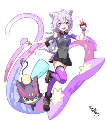 1girl alternate_costume animal_ears black_dress black_shoes cat_ears cat_girl cat_tail dress gen_5_pokemon highres holding holding_poke_ball hololive looking_at_viewer nekomata_okayu nintendo open_mouth poke_ball poke_ball_(basic) pokemon pokemon_(creature) purple_eyes purple_hair purple_thighhighs purrloin shoes smile solo tail thighhighs tokumaro virtual_youtuber